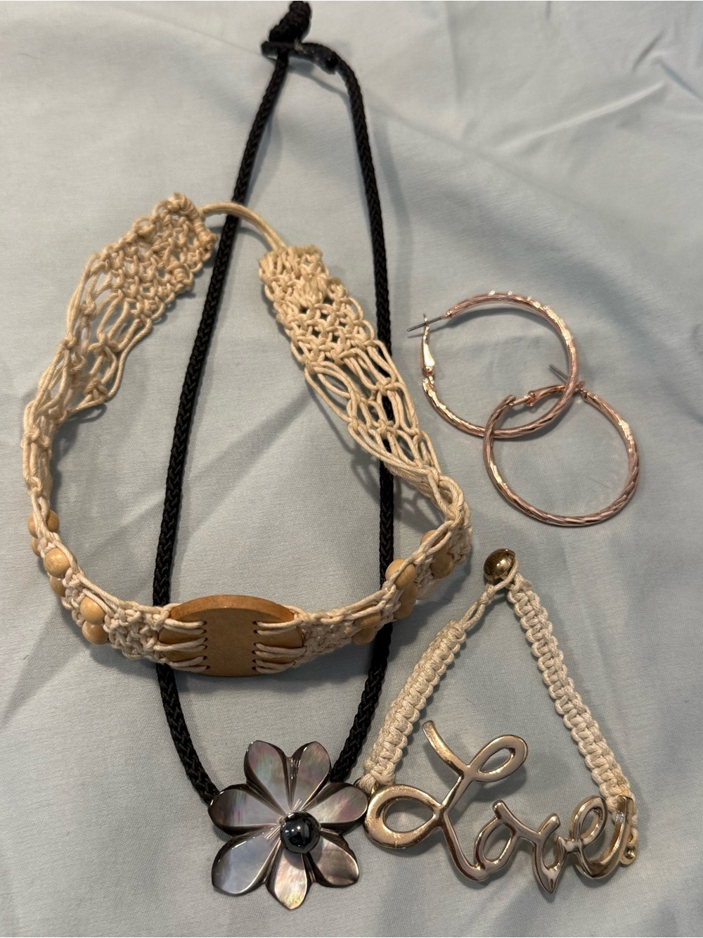 Boho hippie chic jewelry bundle floral necklace LOVE bracelet hoops beads